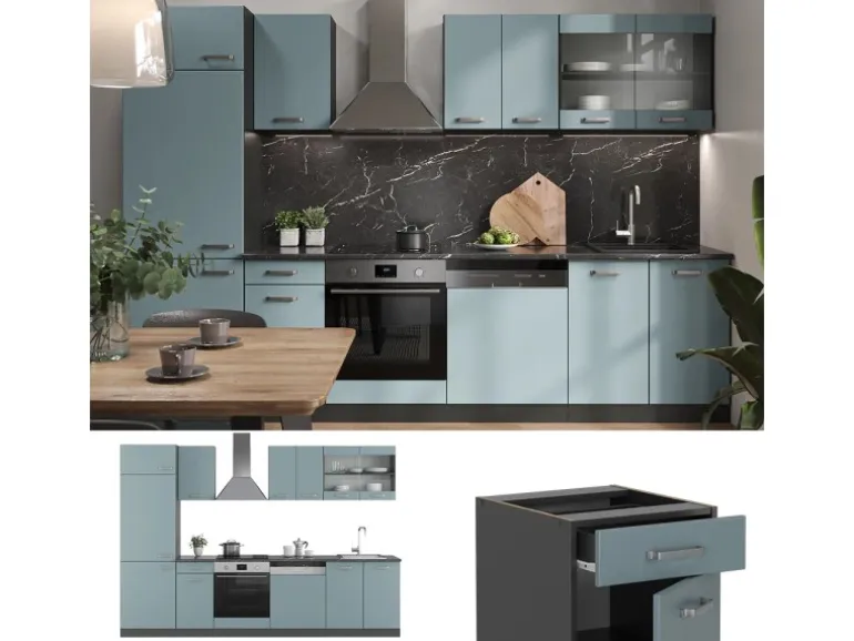 Vicco R-Line Küche Blau-Grau/Anthrazit 300 cm ohne Arbeitsplatte ohne E-Geräte