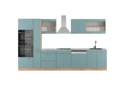 Vicco R-Line Küche Blau-Grau/Goldkraft Eiche 350 cm mit HochschrankAP Marmor ohne E-Geräte