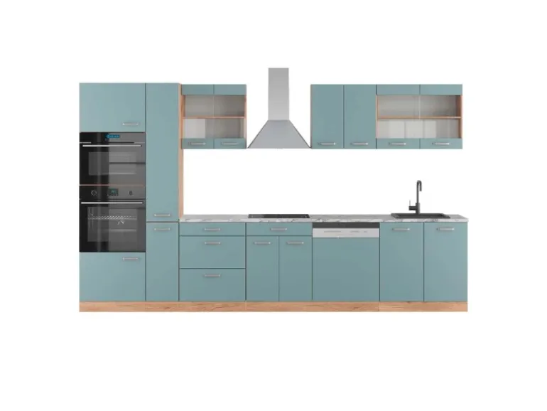 Vicco R-Line Küche Blau-Grau/Goldkraft Eiche 350 cm mit HochschrankAP Marmor ohne E-Geräte