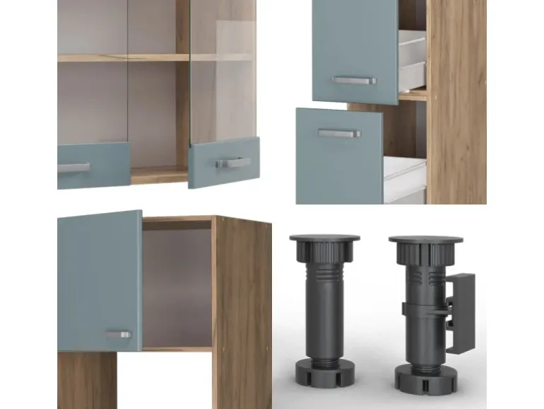Vicco R-Line Küche Blau-Grau/Goldkraft Eiche 350 cm mit HochschrankAP Marmor ohne E-Geräte