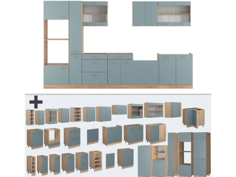 Vicco R-Line Küche Blau-Grau/Goldkraft Eiche 350 cm mit HochschrankAP Marmor ohne E-Geräte