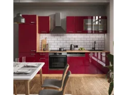 Vicco R-Line Küche Bordeaux Hochglanz/Goldkraft Eiche 300 cm ohne Arbeitsplatte ohne E-Geräte