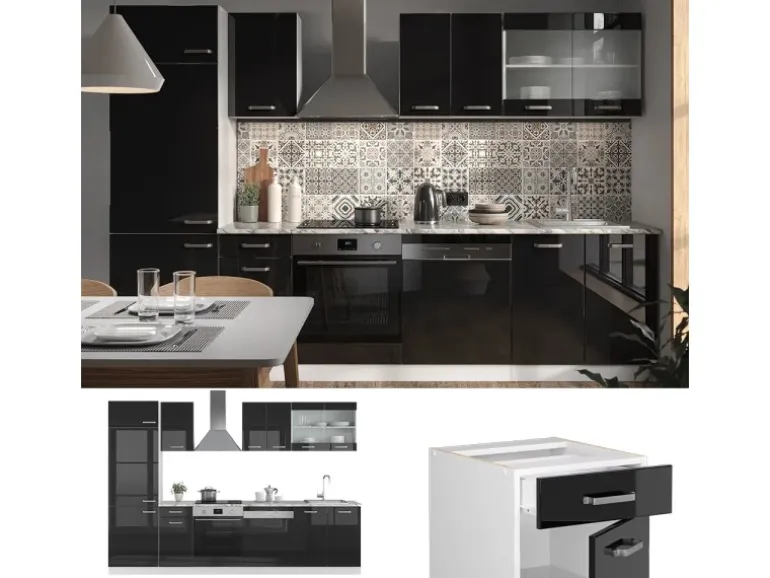 Vicco R-Line Küche Schwarz Hochglanz/Weiß 300 cm AP Anthrazit ohne E-Geräte