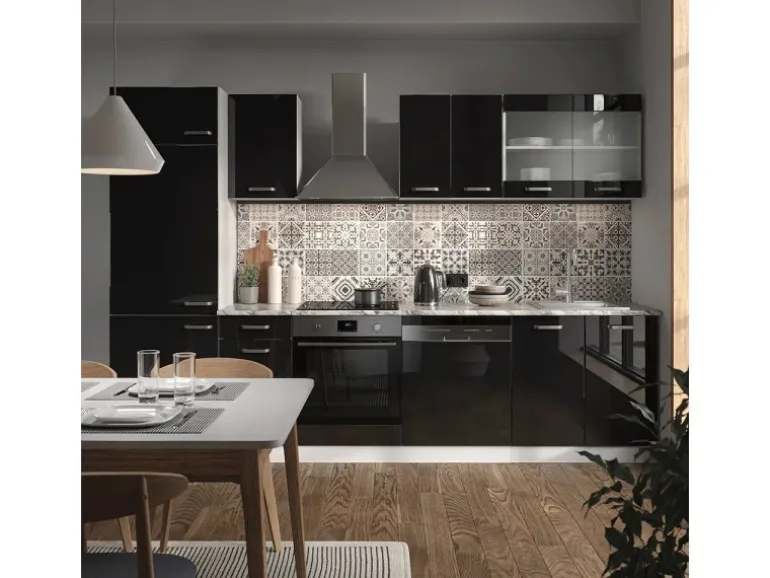 Vicco R-Line Küche Schwarz Hochglanz/Weiß 300 cm AP Anthrazit ohne E-Geräte
