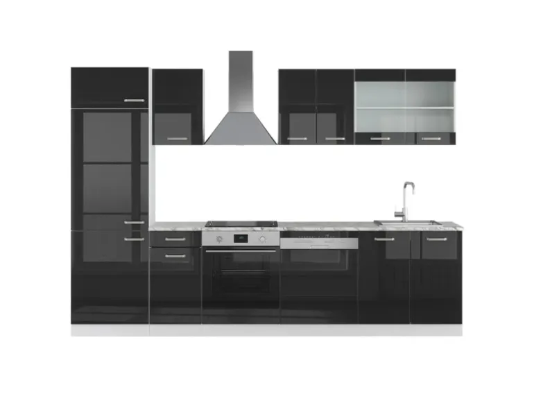 Vicco R-Line Küche Schwarz Hochglanz/Weiß 300 cm ohne Arbeitsplatte ohne E-Geräte