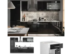 Vicco R-Line Küche Schwarz Hochglanz/Weiß 300 cm ohne Arbeitsplatte ohne E-Geräte