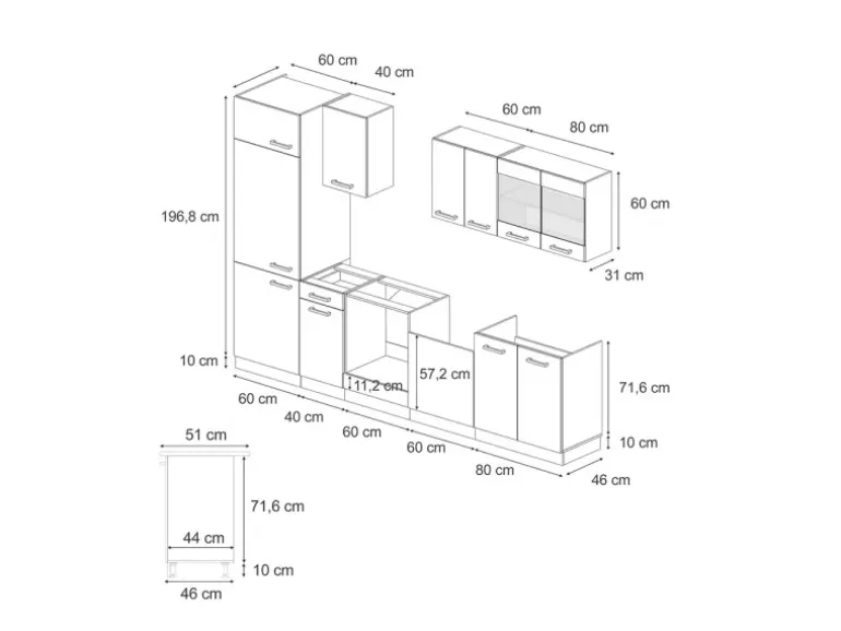 Vicco R-Line Küche Schwarz Hochglanz/Weiß 300 cm ohne Arbeitsplatte ohne E-Geräte