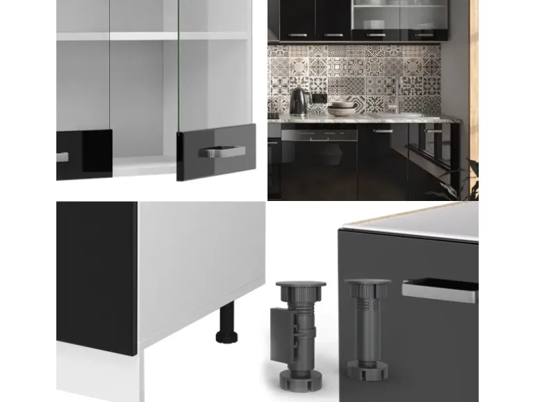 Vicco R-Line Küche Schwarz Hochglanz/Weiß 300 cm ohne Arbeitsplatte ohne E-Geräte