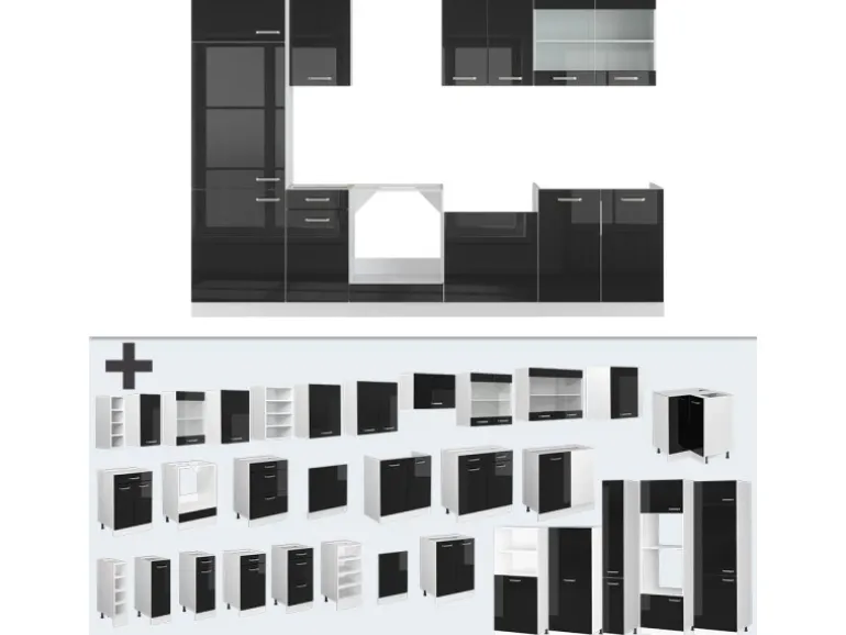 Vicco R-Line Küche Schwarz Hochglanz/Weiß 300 cm ohne Arbeitsplatte ohne E-Geräte