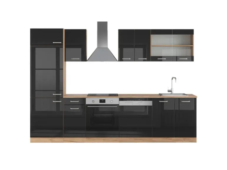 Vicco R-Line Küche Schwarz Hochglanz/Goldkraft Eiche 300 cm ohne Arbeitsplatte ohne E-Geräte