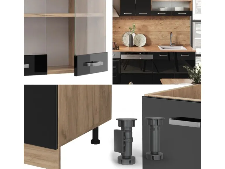 Vicco R-Line Küche Schwarz Hochglanz/Goldkraft Eiche 300 cm ohne Arbeitsplatte ohne E-Geräte