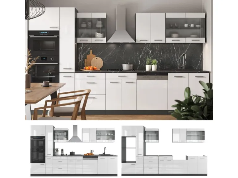 Vicco R-Line Küche Weiß Hochglanz/Anthrazit 350 cm mit Hochschrank ohne E-Geräte