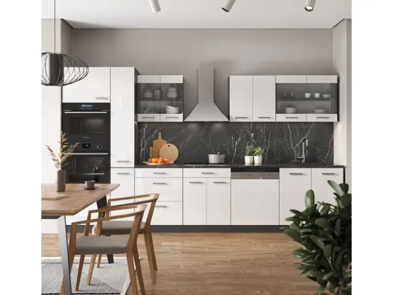 Vicco R-Line Küche Weiß Hochglanz/Anthrazit 350 cm mit Hochschrank ohne E-Geräte