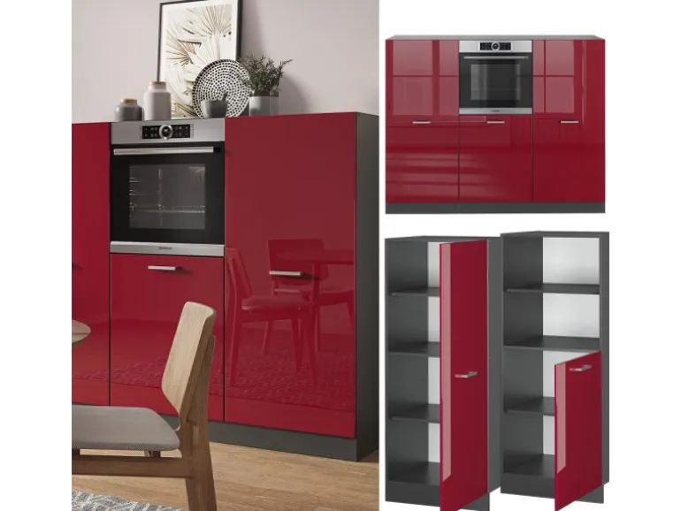 Vicco R-Line Küchenblock Bordeaux Hochglanz/Anthrazit 180 cm ohne Arbeitsplatte ohne E-Geräte