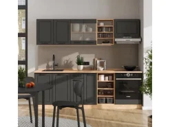 Vicco R-Line Küchenzeile Anthrazit Landhaus/Goldkraft Eiche 240 cm AP Marmor ohne E-Geräte