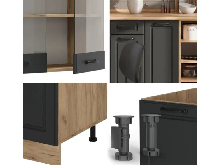 Vicco R-Line Küchenzeile Anthrazit Landhaus/Goldkraft Eiche 240 cm AP Marmor ohne E-Geräte