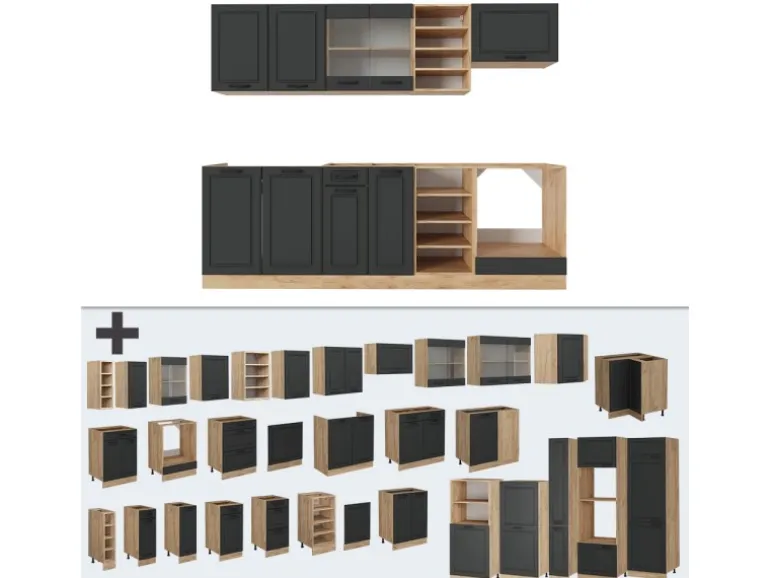 Vicco R-Line Küchenzeile Anthrazit Landhaus/Goldkraft Eiche 240 cm AP Marmor ohne E-Geräte