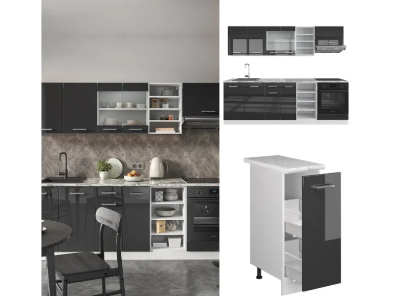 Vicco R-Line Küchenzeile Anthrazit Hochglanz/Weiß 240 cm AP Eiche ohne E-Geräte