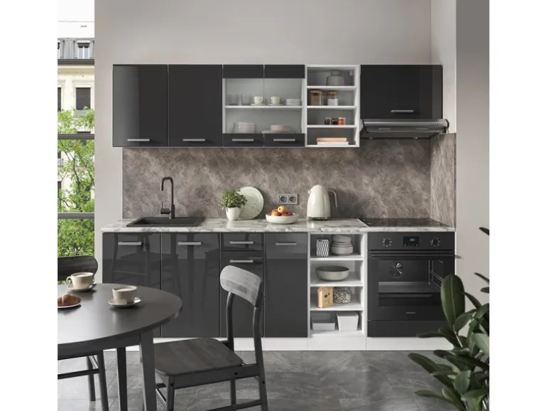 Vicco R-Line Küchenzeile Anthrazit Hochglanz/Weiß 240 cm AP Eiche ohne E-Geräte