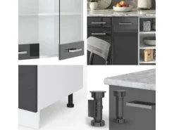 Vicco R-Line Küchenzeile Anthrazit Hochglanz/Weiß 240 cm AP Eiche ohne E-Geräte