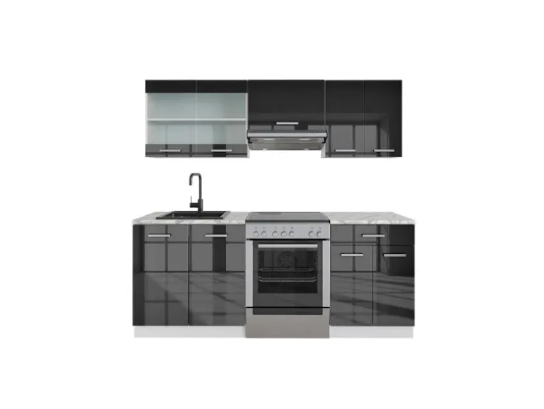 Vicco R-Line Küchenzeile Anthrazit Hochglanz/Weiß 200 cm AP Marmor ohne E-Geräte