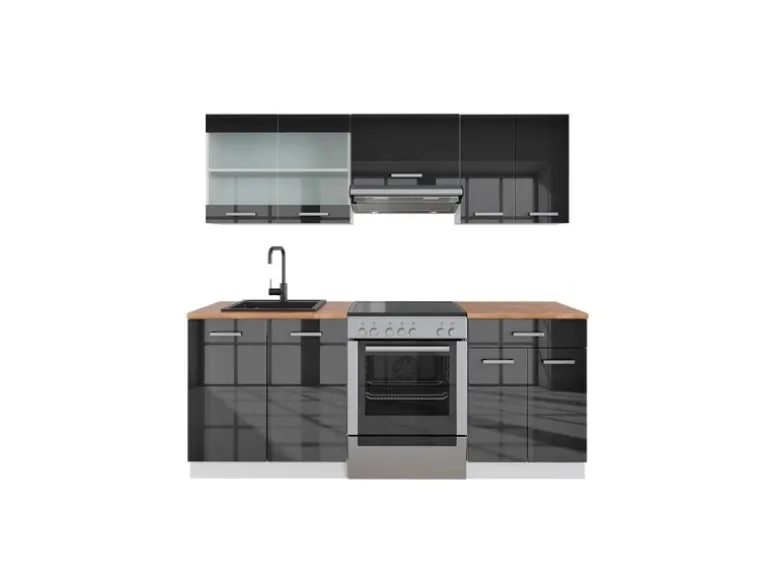 Vicco R-Line Küchenzeile Anthrazit Hochglanz/Weiß 200 cm AP Eiche ohne E-Geräte