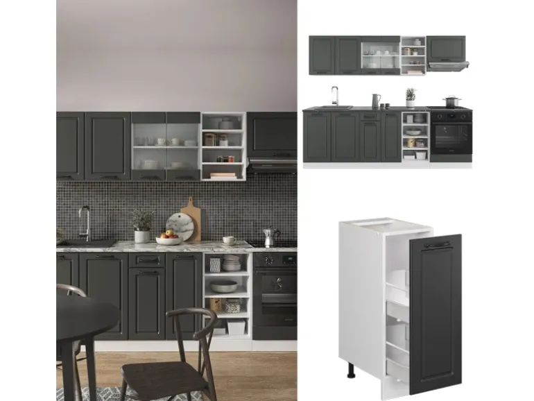 Vicco R-Line Küchenzeile Anthrazit Landhaus/Weiß 240 cm ohne Arbeitsplatte ohne E-Geräte