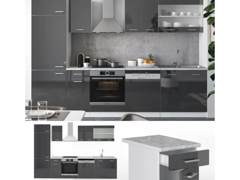 Vicco R-Line Küchenzeile Anthrazit Hochglanz/Weiß 300 cm AP Marmor ohne E-Geräte