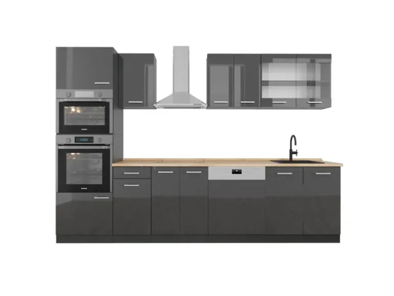 Vicco R-Line Küchenzeile Anthrazit Hochglanz/Anthrazit 300 cm mit HochschrankAP Eiche ohne E-Geräte
