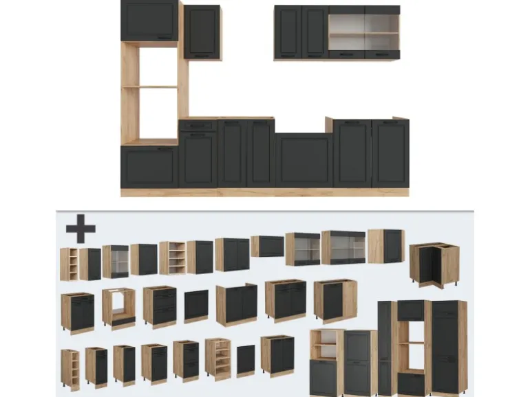 Vicco R-Line Küchenzeile Anthrazit Landhaus/Goldkraft Eiche 300 cm mit Hochschrankohne Arbeitsplatte ohne E-Geräte