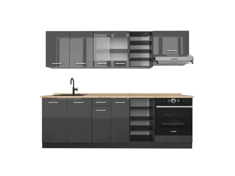 Vicco R-Line Küchenzeile Anthrazit Hochglanz/Anthrazit 240 cm AP Eiche ohne E-Geräte