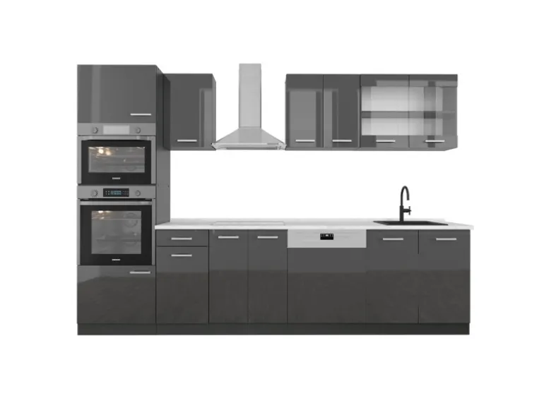 Vicco R-Line Küchenzeile Anthrazit Hochglanz/Anthrazit 300 cm mit HochschrankAP Marmor ohne E-Geräte