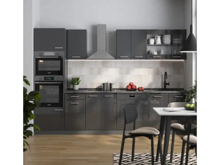 Vicco R-Line Küchenzeile Anthrazit Hochglanz/Anthrazit 300 cm mit HochschrankAP Marmor ohne E-Geräte