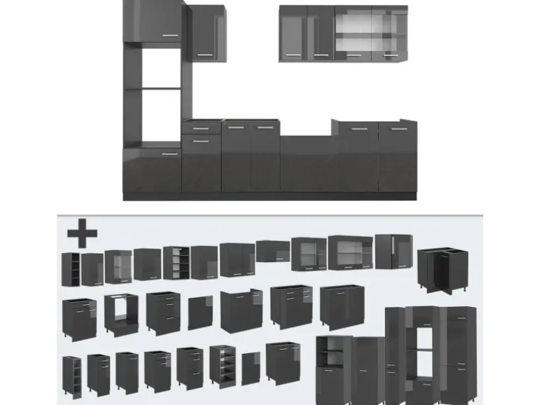 Vicco R-Line Küchenzeile Anthrazit Hochglanz/Anthrazit 300 cm mit HochschrankAP Marmor ohne E-Geräte