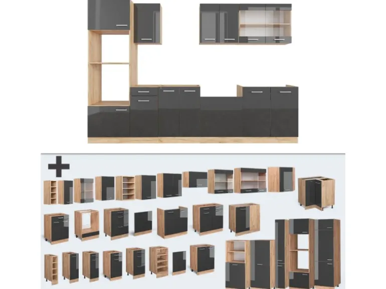 Vicco R-Line Küchenzeile Anthrazit Hochglanz/Goldkraft Eiche 300 cm mit HochschrankAP Anthrazit ohne E-Geräte