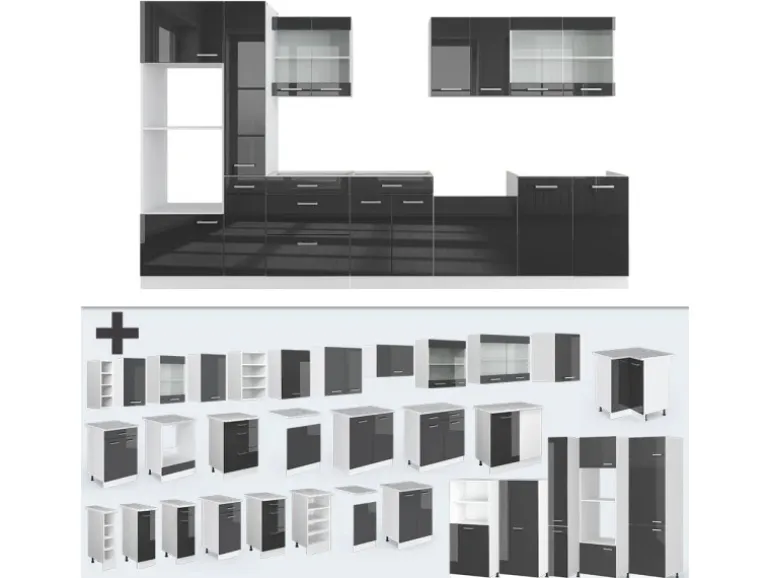 Vicco R-Line Küchenzeile Anthrazit Hochglanz/Weiß 350 cm mit Hochschrankohne Arbeitsplatte ohne E-Geräte