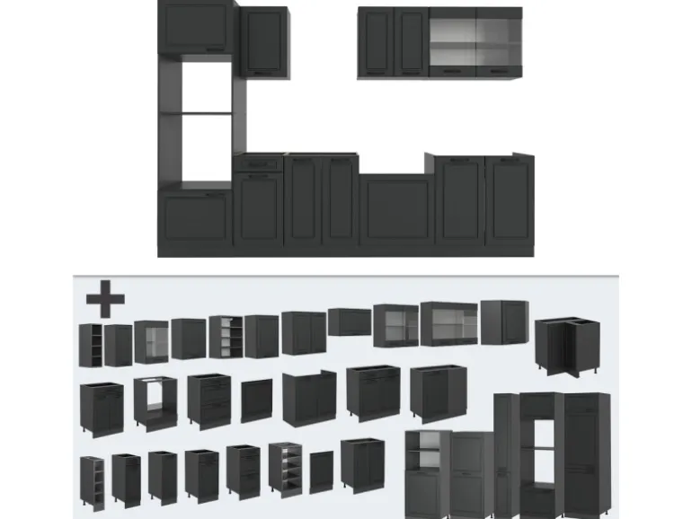 Vicco R-Line Küchenzeile Anthrazit Landhaus/Anthrazit 300 cm mit HochschrankAP Eiche ohne E-Geräte