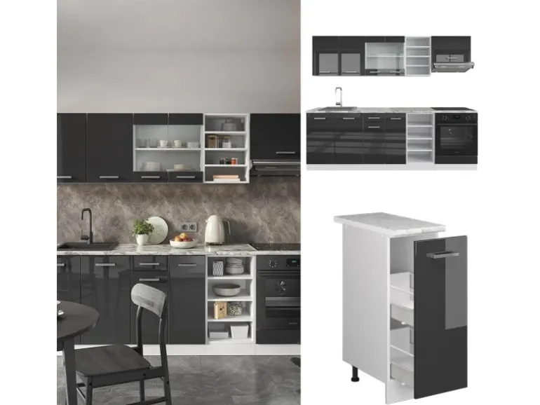 Vicco R-Line Küchenzeile Anthrazit Hochglanz/Weiß 240 cm ohne Arbeitsplatte ohne E-Geräte