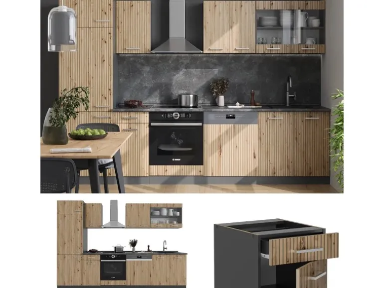 Vicco R-Line Küchenzeile Artisan Eiche/Anthrazit 300 cm AP Marmor ohne E-Geräte