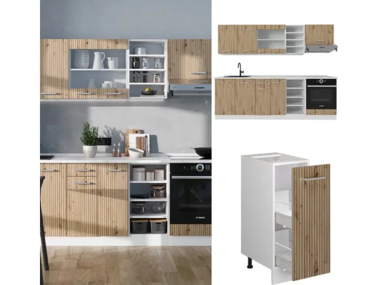 Vicco R-Line Küchenzeile Artisan Eiche/Weiß 240 cm ohne Arbeitsplatte ohne E-Geräte