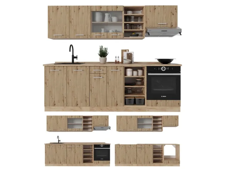 Vicco R-Line Küchenzeile Artisan-Eiche/Goldkraft Eiche 240 cm ohne Arbeitsplatte ohne E-Geräte