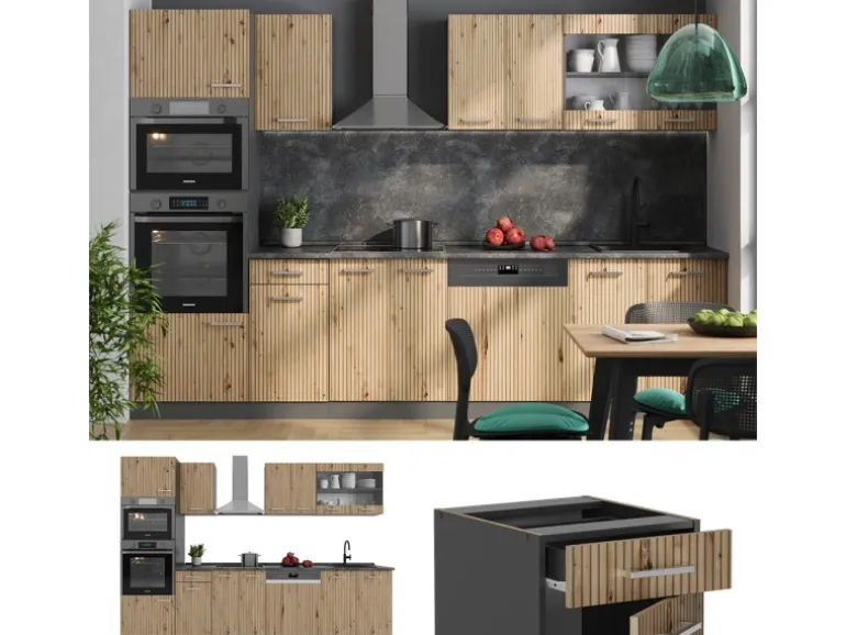 Vicco R-Line Küchenzeile Artisan Eiche/Anthrazit 300 cm mit HochschrankAP Anthrazit ohne E-Geräte