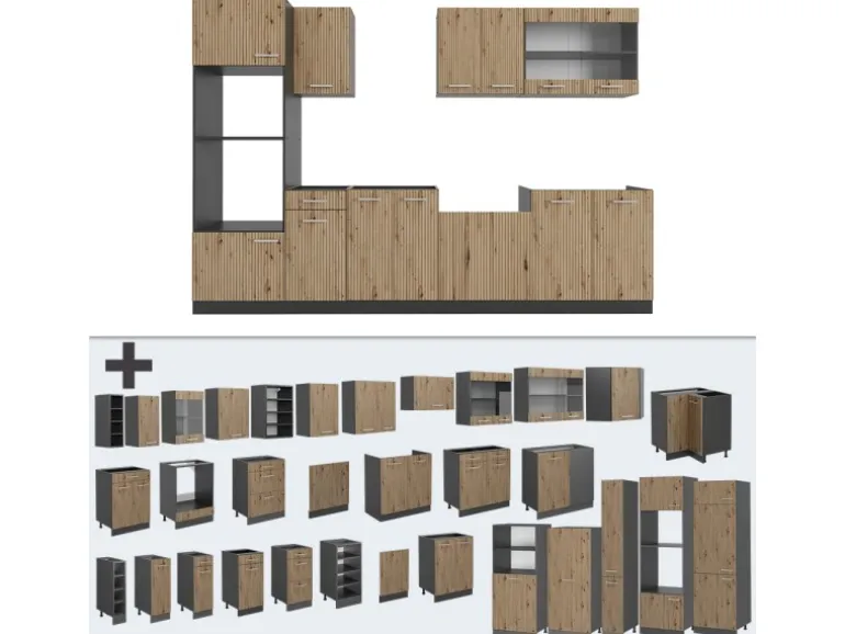 Vicco R-Line Küchenzeile Artisan Eiche/Anthrazit 300 cm mit HochschrankAP Anthrazit ohne E-Geräte