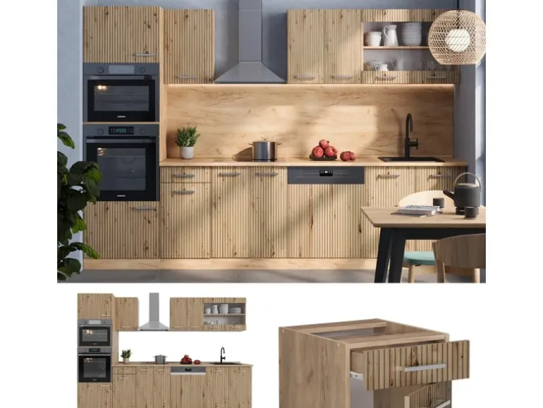 Vicco R-Line Küchenzeile Artisan-Eiche/Goldkraft Eiche 300 cm mit HochschrankAP Anthrazit ohne E-Geräte
