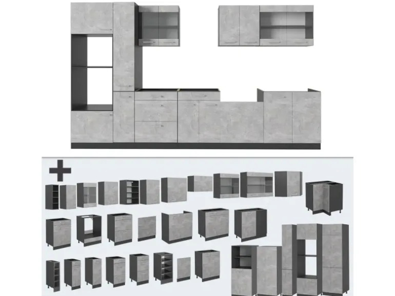 Vicco R-Line Küchenzeile Beton/Anthrazit 350 cm ohne Arbeitsplatte ohne E-Geräte