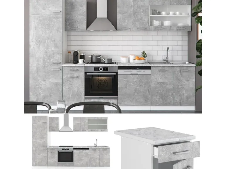 Vicco R-Line Küchenzeile Beton 300 cm AP Marmor ohne E-Geräte