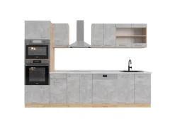 Vicco R-Line Küchenzeile Beton/Goldkraft Eiche 300 cm mit HochschrankAP Marmor ohne E-Geräte