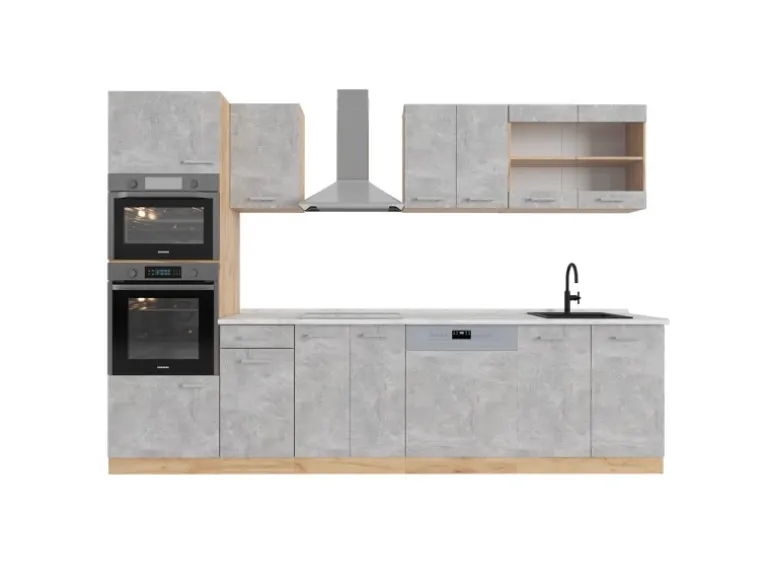 Vicco R-Line Küchenzeile Beton/Goldkraft Eiche 300 cm mit HochschrankAP Marmor ohne E-Geräte