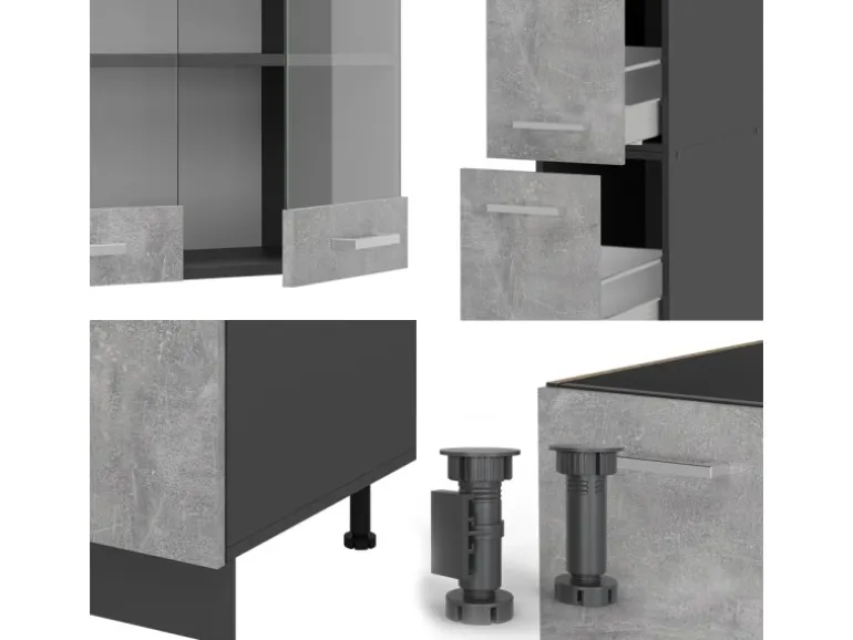 Vicco R-Line Küchenzeile Beton/Anthrazit 350 cm AP Marmor ohne E-Geräte