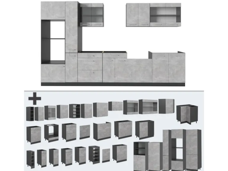 Vicco R-Line Küchenzeile Beton/Anthrazit 350 cm AP Marmor ohne E-Geräte